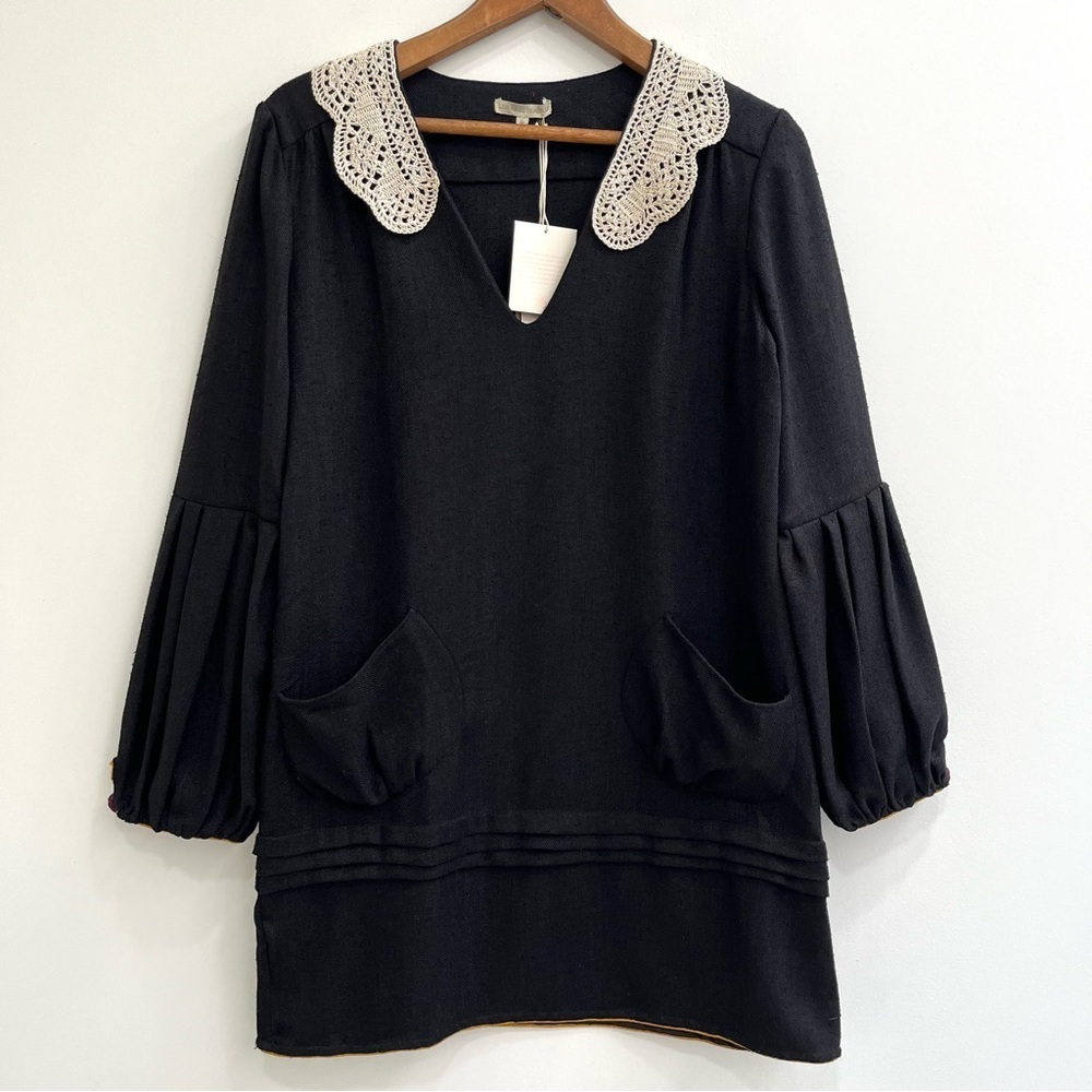 Lerario Beatriz black shift dress lace doily collar pleated puff sleeves size 8